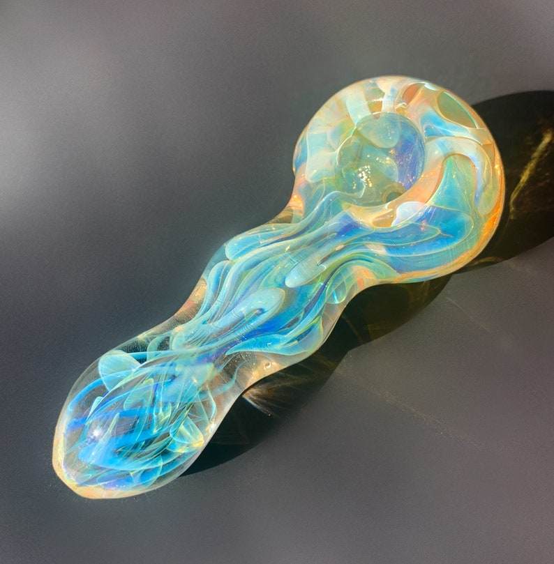 Yellow and Blue Fumed Glass Pipe Handmade Unique Golden Heady Iridescent Spoon Pipe Hand Blown Tobacco Pipe Art image 1