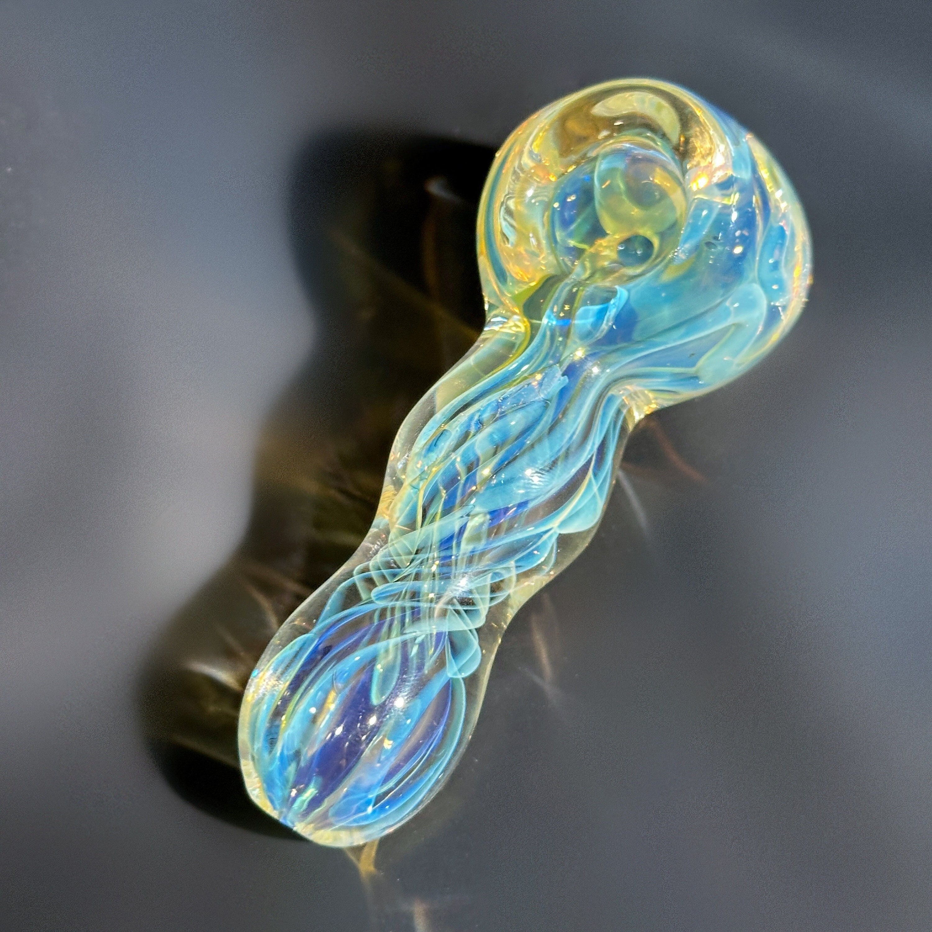 Yellow and Blue Fumed Glass Pipe Handmade Unique Golden Heady Iridescent Spoon Pipe Hand Blown Tobacco Pipe Art