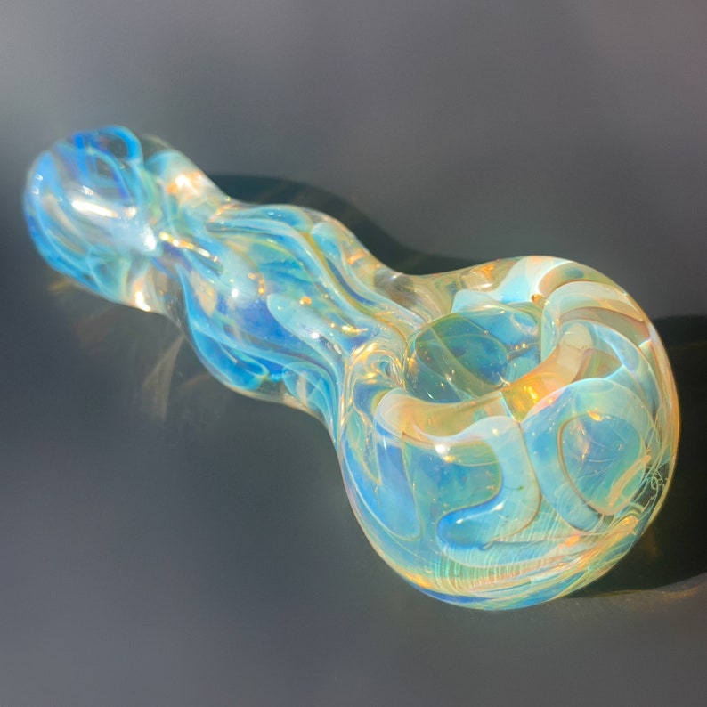 Yellow and Blue Fumed Glass Pipe Handmade Unique Golden Heady Iridescent Spoon Pipe Hand Blown Tobacco Pipe Art image 2