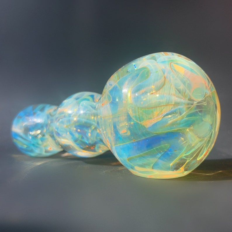 Yellow and Blue Fumed Glass Pipe Handmade Unique Golden Heady Iridescent Spoon Pipe Hand Blown Tobacco Pipe Art image 3