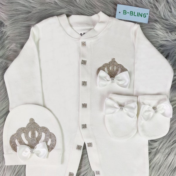 White Baby Girl Romper Crown 3 Piece Newborn Baby Hospital Exit Luxury Sleepsuit Baby Bling Layette Set Personalized Baby Outfit Onesie