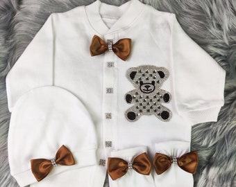 Brown Personalized Teddy Bear Take Home Outfit Baby Coming Home Crown Jewels set, Baptism, Bling Outfit, Baby shower gift, Newborn Gifts