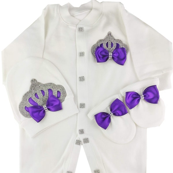 Onesie Baby Girl Crown Purple Home Coming Outfit Layette  Jewels set,Baptism,Take Me Home Outfit, Baby shower gift,Newborn Gifts