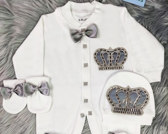 Personalized Baby Romper Set: Crown, Bow, Mittens - Newborn Outfit