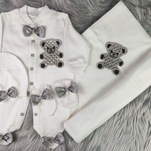 Grey Personalized Teddy Bear Take Home Outfit Baby Coming Home Crown Jewels set, Baptism, Bling Outfit, Baby shower gift, Newborn Gifts