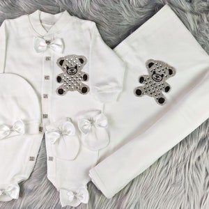 Personalized Teddy Bear Take Home Outfit Baby Coming Home Crown Jewels set, Baptism, Bling Outfit, Baby shower gift, Newborn Gifts