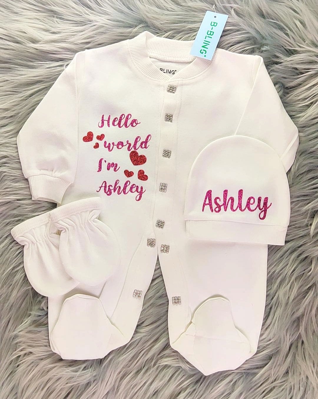 Hello World Personalised Baby Romper Set With Hat Pink White Baby