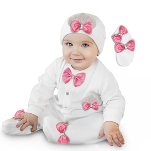 Personalized Baby Girl Romper Set: Pink Bow, Crystal Crown, Newborn Layette