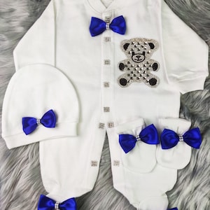 Personalized Take Home Outfit Baby Coming Home Crown Jewels set Teddy Bear Baptism, first photoshoot costume, Baby shower gift,Newborn Gifts