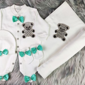 Green Personalized Teddy Bear Take Home Outfit Baby Coming Home Crown Jewels set, Baptism, Bling Outfit, Baby shower gift, Newborn Gifts