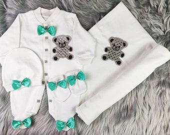 Green Personalized Teddy Bear Take Home Outfit Baby Coming Home Crown Jewels set, Baptism, Bling Outfit, Baby shower gift, Newborn Gifts