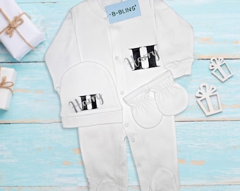 Baby boy home Coming Outfit, Monogrammed footie With Hat, Personalized Baby gift, Soft  cotton 3 piece Gift Set , new born Baby shower gift