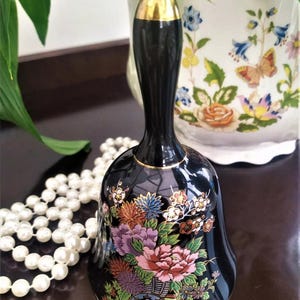 Deep Cobalt Blue Porcelain 1960s Shibata Bell, Flower Design,Made in Japan