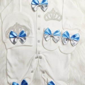 Personalized Baby Boy Layette Set: Beaded Crown, Bow Romper, Cap & Mittens