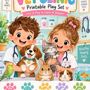 May include: A Little Vet Clinic printable play set featuring illustrations of two children in white lab coats with a puppy, kitten, rabbit, guinea pig, parakeet, and goldfish. The text includes Little Vet Clinic, 30+ Pages, and Wild Willow Printables.