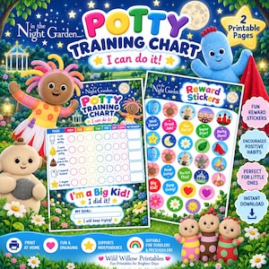 May include: A digital In the Night Garden potty training chart set featuring two printable pages with colorful character illustrations, a weekly task grid, reward stickers, and the text Potty Training Chart I can do it and I am a Big Kid.