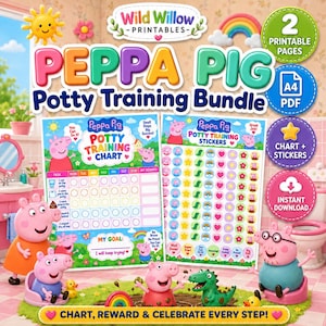 May include: A Peppa Pig potty training bundle featuring a printable chart and sticker sheet. The chart includes columns for days of the week and tasks, while the sticker sheet displays various icons like hearts, stars, and Peppa Pig characters.