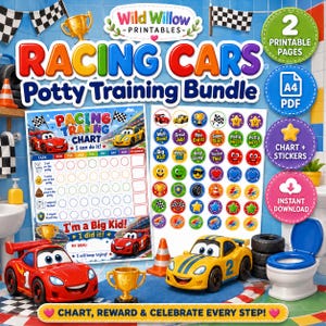 May include: A racing car themed potty training bundle featuring a printable chart and sticker sheet. The design includes red and yellow cartoon race cars, gold trophies, and checkered flags. Text includes Racing Cars Potty Training Bundle.