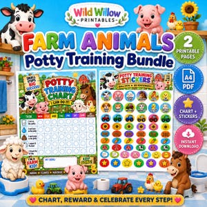 May include: A farm animal themed potty training bundle featuring a chart and sticker sheet. The design includes illustrations of a cow, pig, sheep, horse, and chicken, with text reading Farm Animals Potty Training Bundle and I Can Do It.