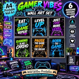 以下が含まれることがあります： ネオンカラーのゲームをテーマにしたA4サイズの印刷可能なウォールアートポスター6枚セット。EAT SLEEP GAME REPEAT、LEVEL UP、JUST ONE MORE LEVEL、GAMING IS MY CARDIO、PAUSE THE GAME NOT THE DREAM、BORN TO GAMEといったテキストとコントローラーが描かれています。