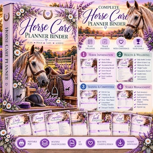 Puede incluir: Un planificador completo para el cuidado de caballos con un caballo, una silla de montar y flores de lavanda. La portada muestra el título y texto. Las páginas interiores incluyen secciones para información, salud y gestión en tamaño A4.