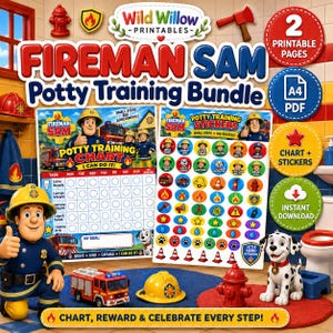 May include: A Fireman Sam potty training bundle featuring a printable chart and stickers. The set includes a task chart with fire truck graphics, a sheet of colorful reward stickers, a Fireman Sam figurine, a toy fire truck, and a dalmatian dog.
