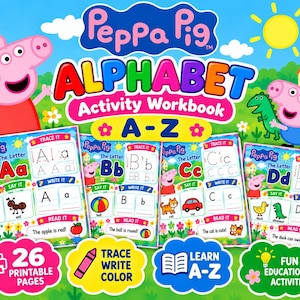 以下が含まれることがあります： Peppa Pigのアルファベット学習ワークブック。なぞり書き、書き取り、塗り絵ができる26枚の印刷可能なページが含まれています。表紙にはタイトル、Peppa Pigのキャラクター、A、B、C、Dの文字の練習用ワークシートのサンプルがカラフルなイラストと共に描かれています。
