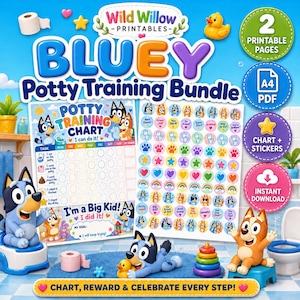 May include: A Bluey-themed potty training bundle featuring a printable chart and sticker sheet. The design includes colorful illustrations of Bluey characters, toilet icons, and motivational text. Includes 2 printable pages in A4 PDF format.