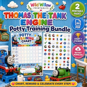 Könnte beinhalten: Ein Thomas die kleine Lokomotive Töpfchentraining-Set mit druckbarem Diagramm und Aufklebern. Das Set enthält ein Raster zur Aufgabenverfolgung, bunte Symbole im Zug-Design sowie motivierende Texte wie I can do it und I am a Big Kid.