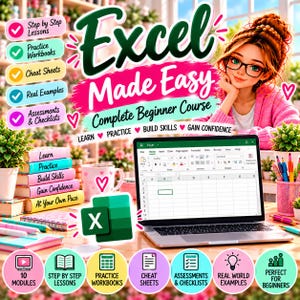 Może przedstawiać: Cyfrowa grafika do kursu Excel Made Easy Complete Beginner Course z laptopem wyświetlającym arkusz kalkulacyjny Excel, osobą w okularach i kolorowymi ikonami. Tekst zawiera Step by Step Lessons, Practice Workbooks oraz 10 Modules.