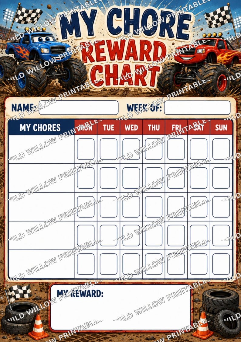 Monster Trucks Chore and Reward Chart Set – Kids Weekly Tracker With ...