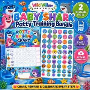 May include: A digital potty training bundle featuring a chart and stickers with colorful shark illustrations. The text reads Wild Willow Printables, Baby Shark Potty Training Bundle, Potty Training Chart, I can do it, and I'm a Big Kid.