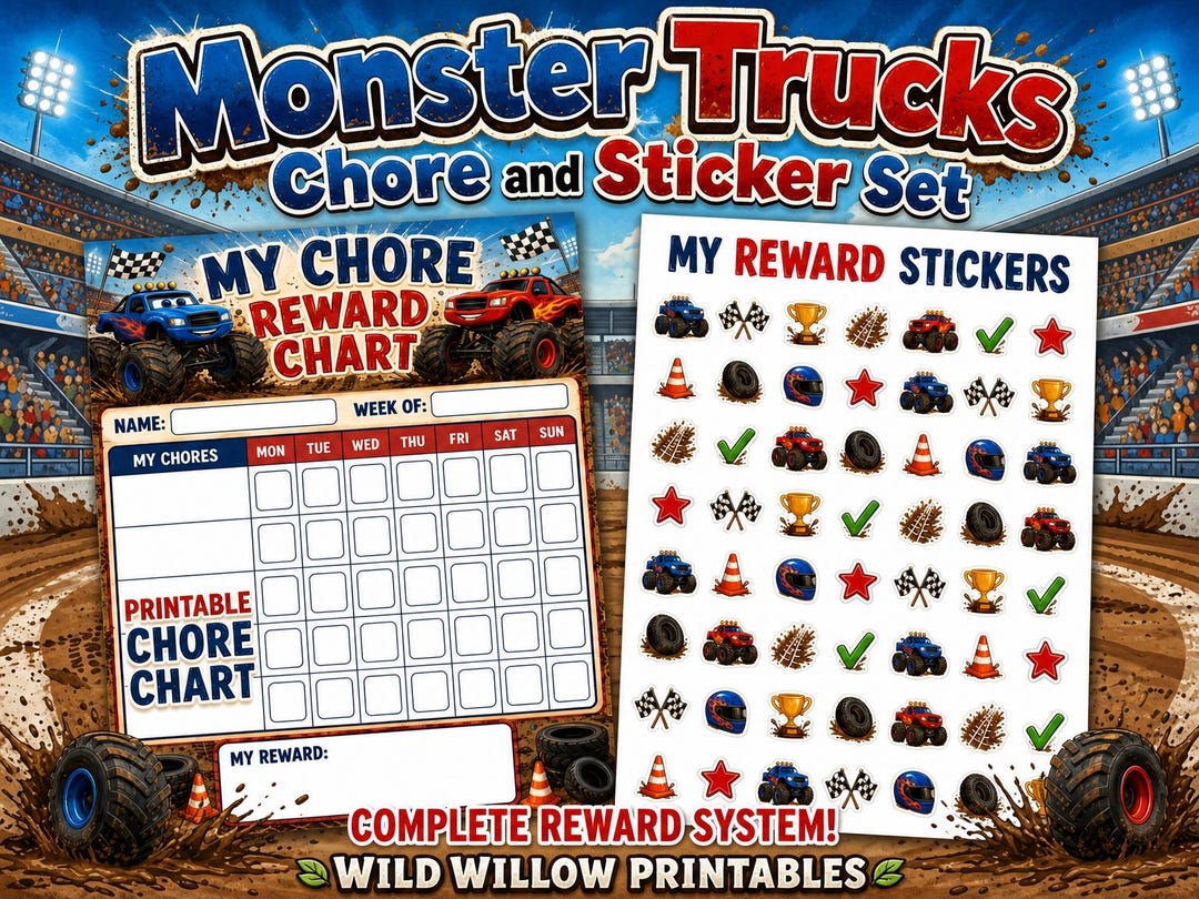 Monster Trucks Chore and Reward Chart Set – Kids Weekly Tracker With ...