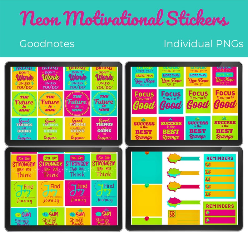 Neon Motivational Digital Stickers l Individual PNG Stickers Bundle Goodnotes Planner Digital Stickers image 1