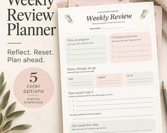 May include: A Weekly Review Planner digital download sheet with sections for wins, progress, challenges, lessons, and goals. The white paper features soft green and pink accents, leaf illustrations, and the text Weekly Review, Reflect, Reset, Plan ahead.