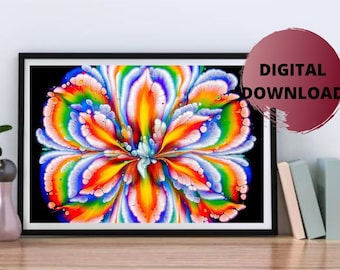 Könnte beinhalten: Ein digitaler Download eines farbenfrohen abstrakten Gemäldes mit einem blütenartigen Design in den Farben Weiß, Blau, Rot, Gelb, Orange und Grün auf schwarzem Hintergrund.