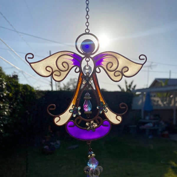 Purple Angel Suncatcher Wind Chime, Whimsical Hanging Outdoor Decorations, Sympathy Angel Gifts, Balcony and Patio Decor