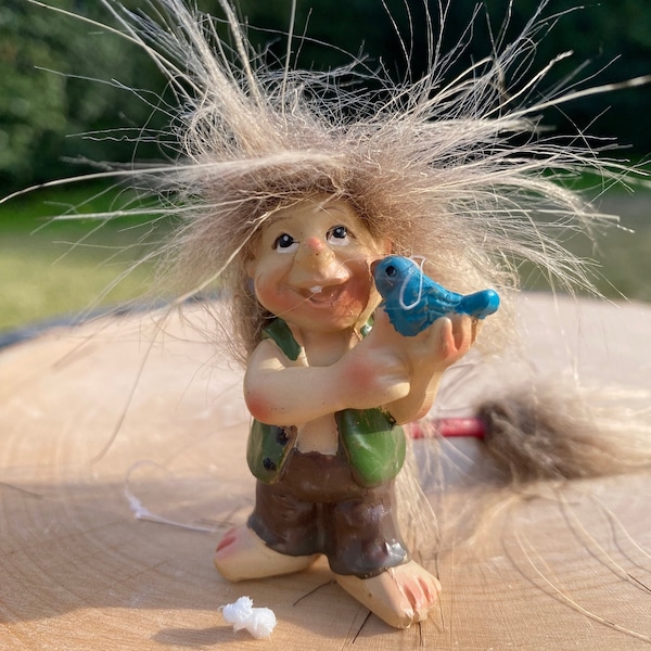 Fuzzy Hair Fairy Garden Boy Troll Holding Blue Bird, Miniature Hairy Tail Troll Figurines, Norwegian Trolls, Tree Stump Decor, Troll Gifts