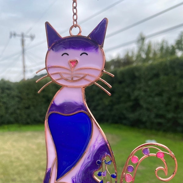 Cute Pink and Purple Cat Stained Glass Wind Chime, Hanging Yard Decorations, Gift for Crazy Cat Lady, Mothers Day Gift, Cat Decorations