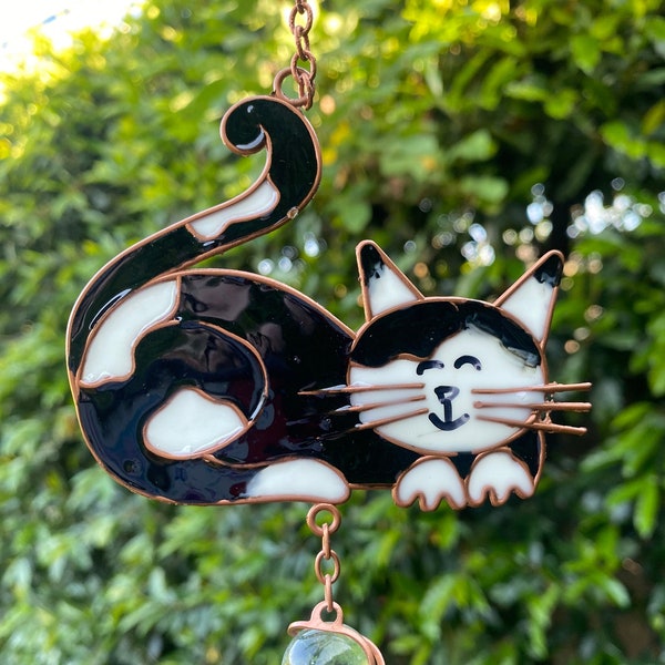 Small Black and White Kitty 22 " Wind Chime, Hanging Patio Decorations, Gifts for Crazy Cat Lady, Loss of Pet Momento, Summer Garden Decor