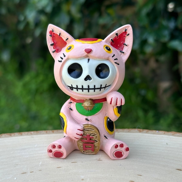 Furrybones "Maneki Neko" Collectible Figurine, Japanese Lucky Cat, Anime, Gothic, and Manga Gifts, Mini Skeleton Halloween Decor