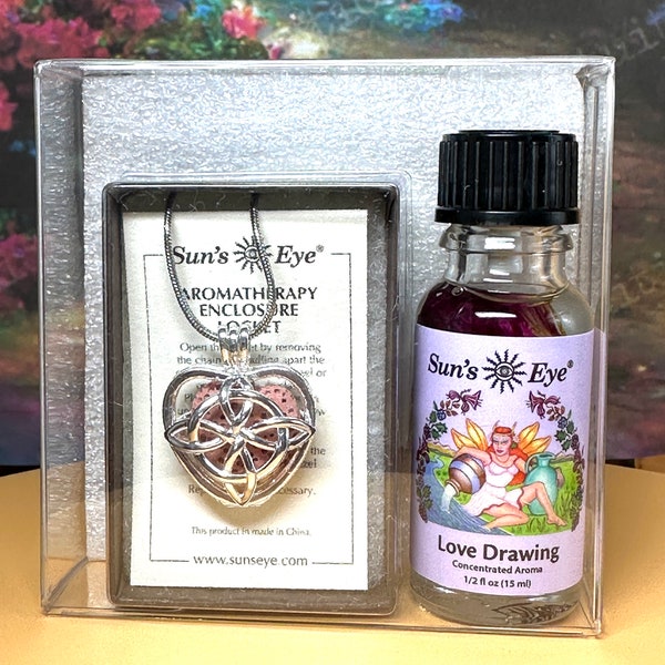 Sun's Eye Celtic Heart Locket and Love Drawing Essential Oil Gift Set, Aroma Therapy Valentine's Day Gift for Her, Aromatherapy