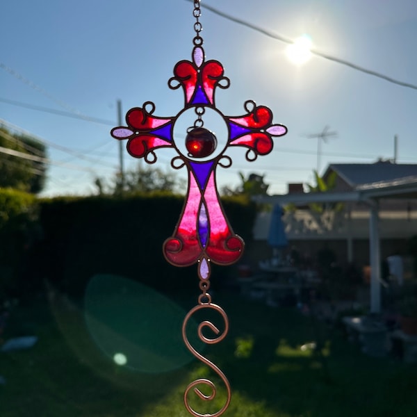 Pink, Purple, and Red Stained Glass Effect Holy Cross Wind Chime, Garden Decorations, Sympathy Gift, Baptism/Christian Gift for Adult