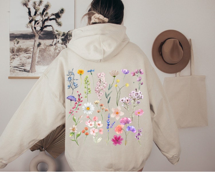 Felpa con cappuccio di fiori pressati vintage, Boho Cottagecore, Pastel Botanical Floral, Pullover Fairycore, Flower Girl Gifts, Floral Gift