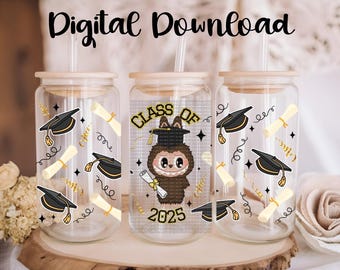 Labubu Monsters Class Of 2025 Graduation I PNG, Digital Download, 16oz Libbey Glass Can UVDTF Cup Wrap Design