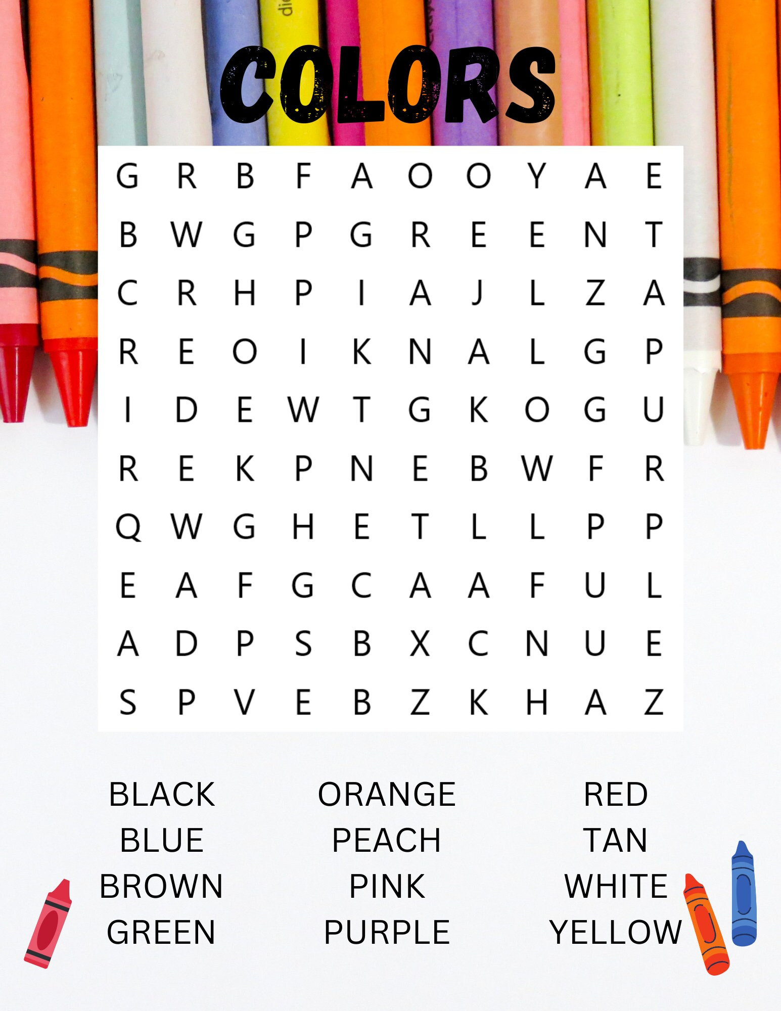 Printable Colors Word Search Etsy