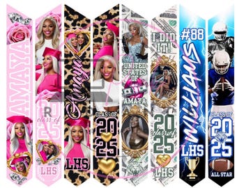 May include: Six graduation banners with different designs. The banners feature a pink and white leopard print, a pink and white floral design, a blue and white lightning bolt design, a money design with the name Amaya, a pink and white design with the text "Class of 2025", and a blue and white design with the text "Williams #88".