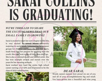 Graduation Newspaper Announcement,Graduation Invite,Graduation invitation,Class of 2026.Editable template, grad,senior,memories
