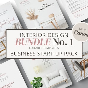 May include: A set of editable templates for interior design businesses. The templates include a client welcome guide, a client questionnaire, a thank you note, a proposal, and a contract. The templates are designed to be used with Canva.