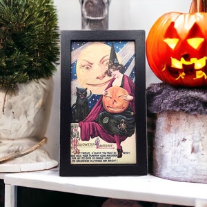 Framed Printed Vintage Halloween Witch & Black Cat Pumpkin Card, Vintage Halloween card decor, Vintage Halloween , Halloween Black Cat, Witc